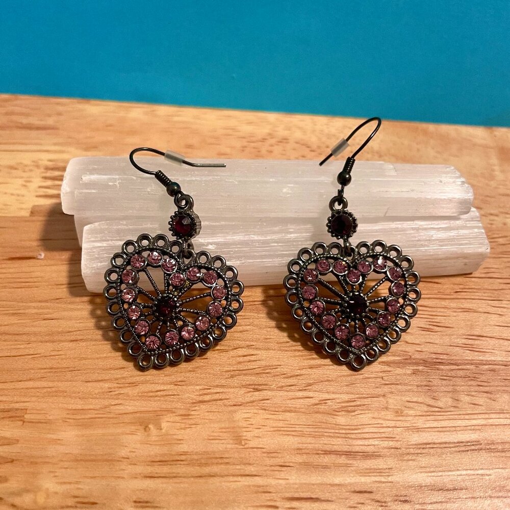 Heart Shaped Pink & Redish-Purple Rhinestone Earrings
